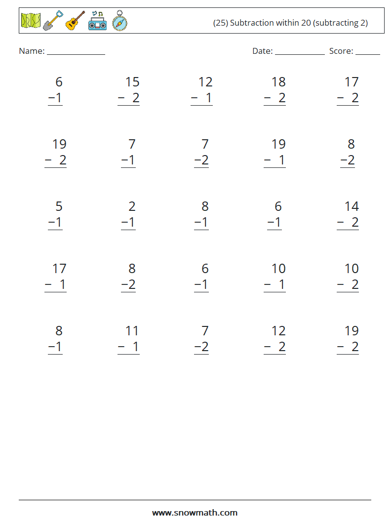 (25) Subtraction within 20 (subtracting 2) Math Worksheets 1