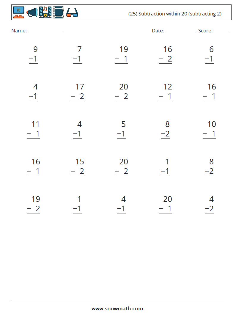 (25) Subtraction within 20 (subtracting 2) Math Worksheets 10