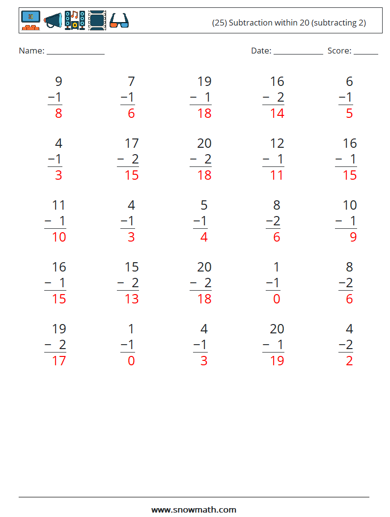 (25) Subtraction within 20 (subtracting 2) Math Worksheets 10 Question, Answer