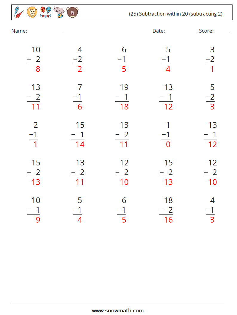 (25) Subtraction within 20 (subtracting 2) Math Worksheets 11 Question, Answer