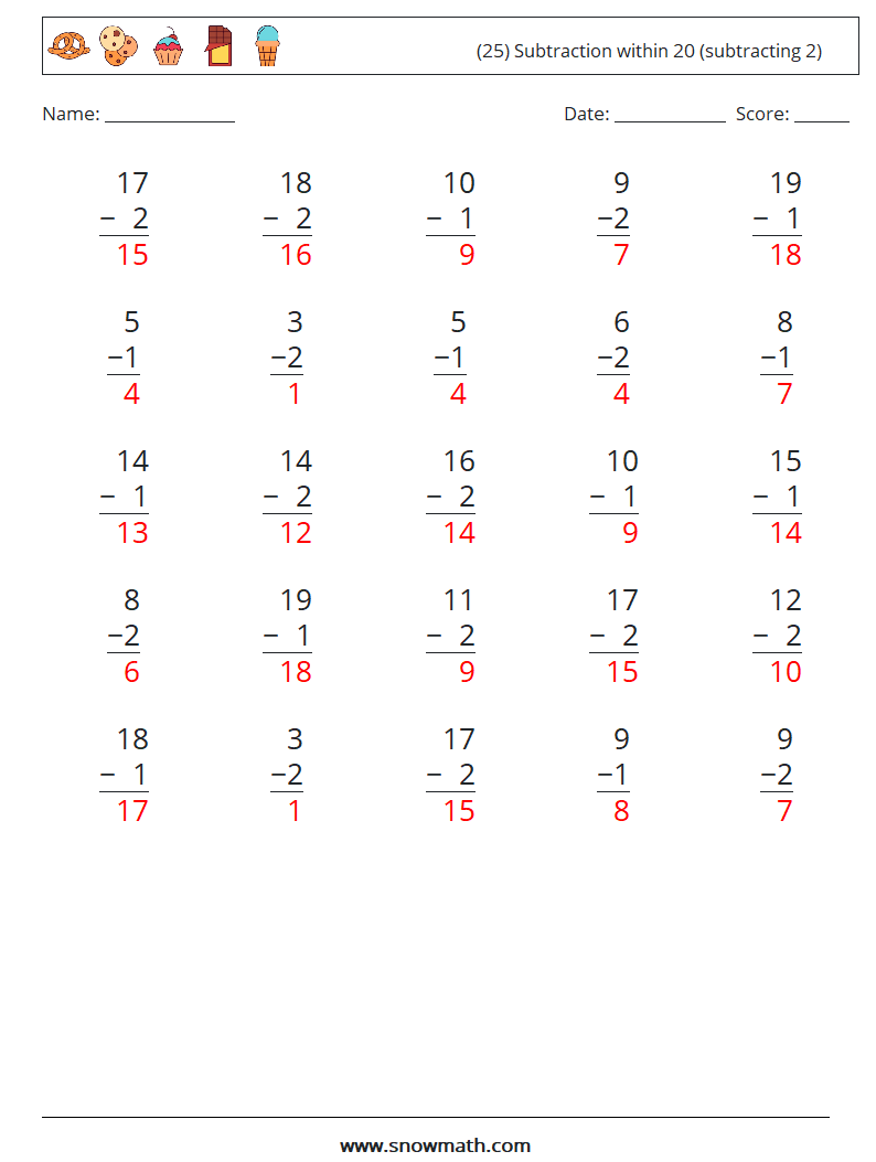 (25) Subtraction within 20 (subtracting 2) Math Worksheets 12 Question, Answer