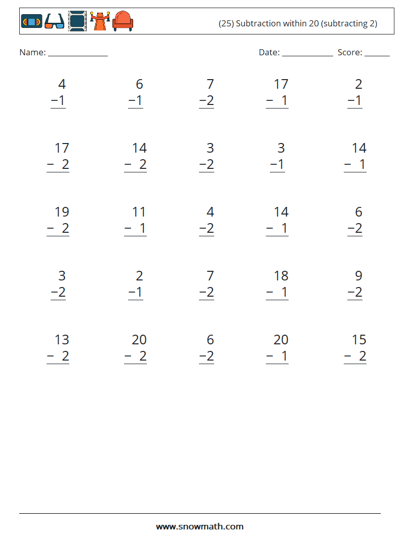 (25) Subtraction within 20 (subtracting 2) Math Worksheets 13