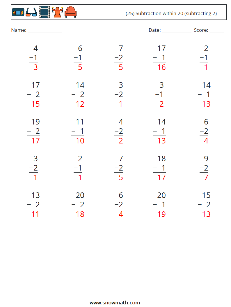 (25) Subtraction within 20 (subtracting 2) Math Worksheets 13 Question, Answer