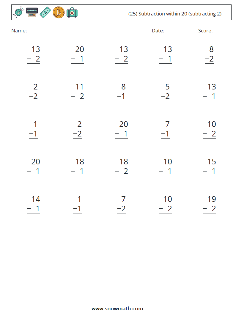 (25) Subtraction within 20 (subtracting 2) Math Worksheets 14