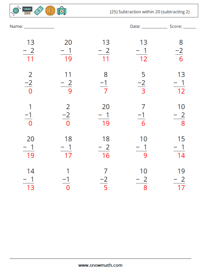 (25) Subtraction within 20 (subtracting 2) Math Worksheets 14 Question, Answer
