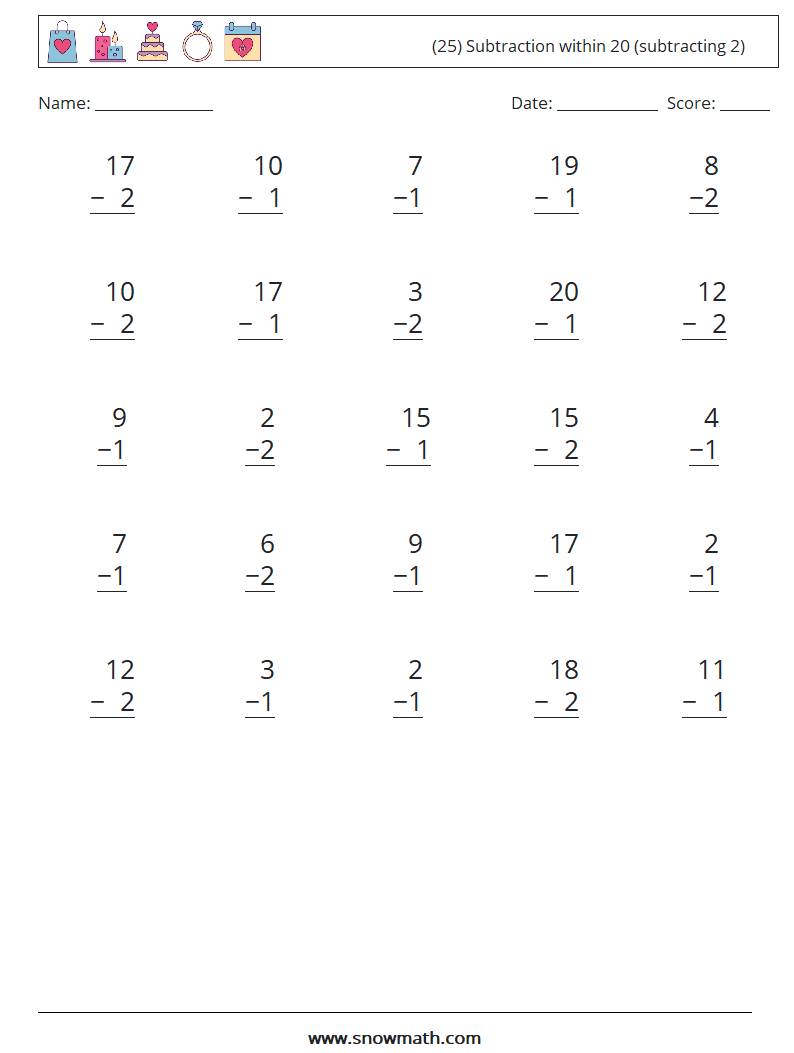 (25) Subtraction within 20 (subtracting 2) Math Worksheets 15