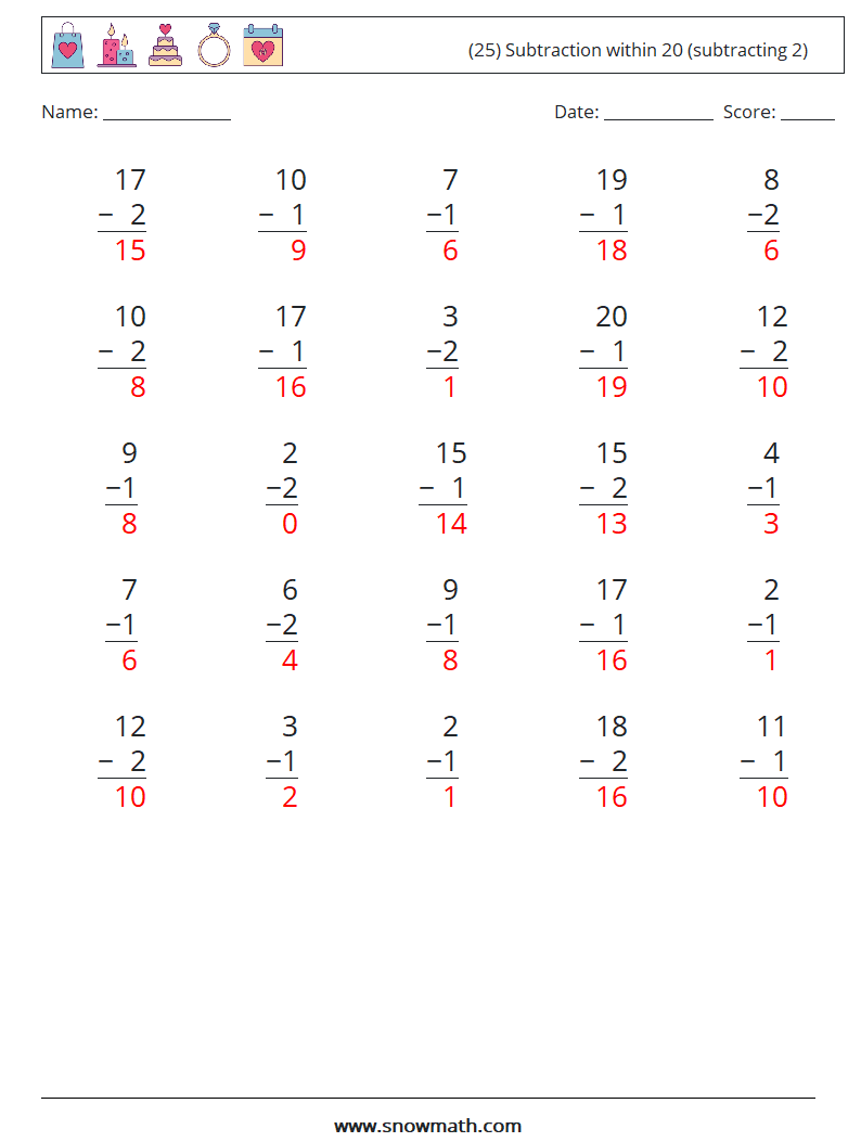 (25) Subtraction within 20 (subtracting 2) Math Worksheets 15 Question, Answer