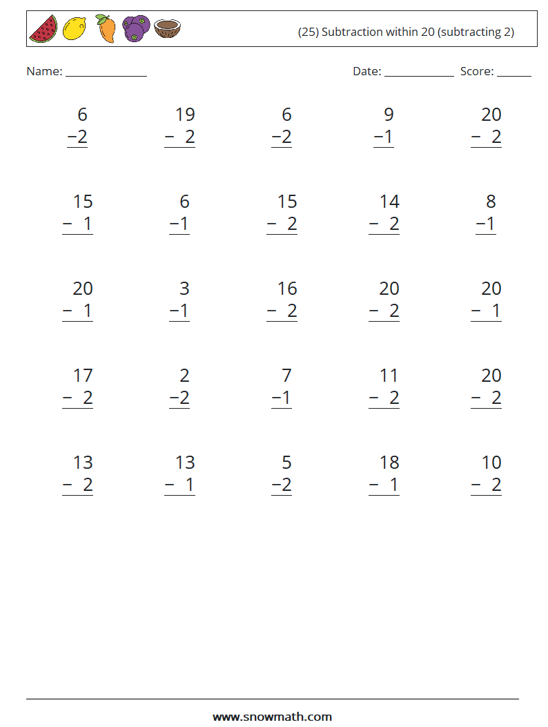 (25) Subtraction within 20 (subtracting 2) Maths Worksheets 16