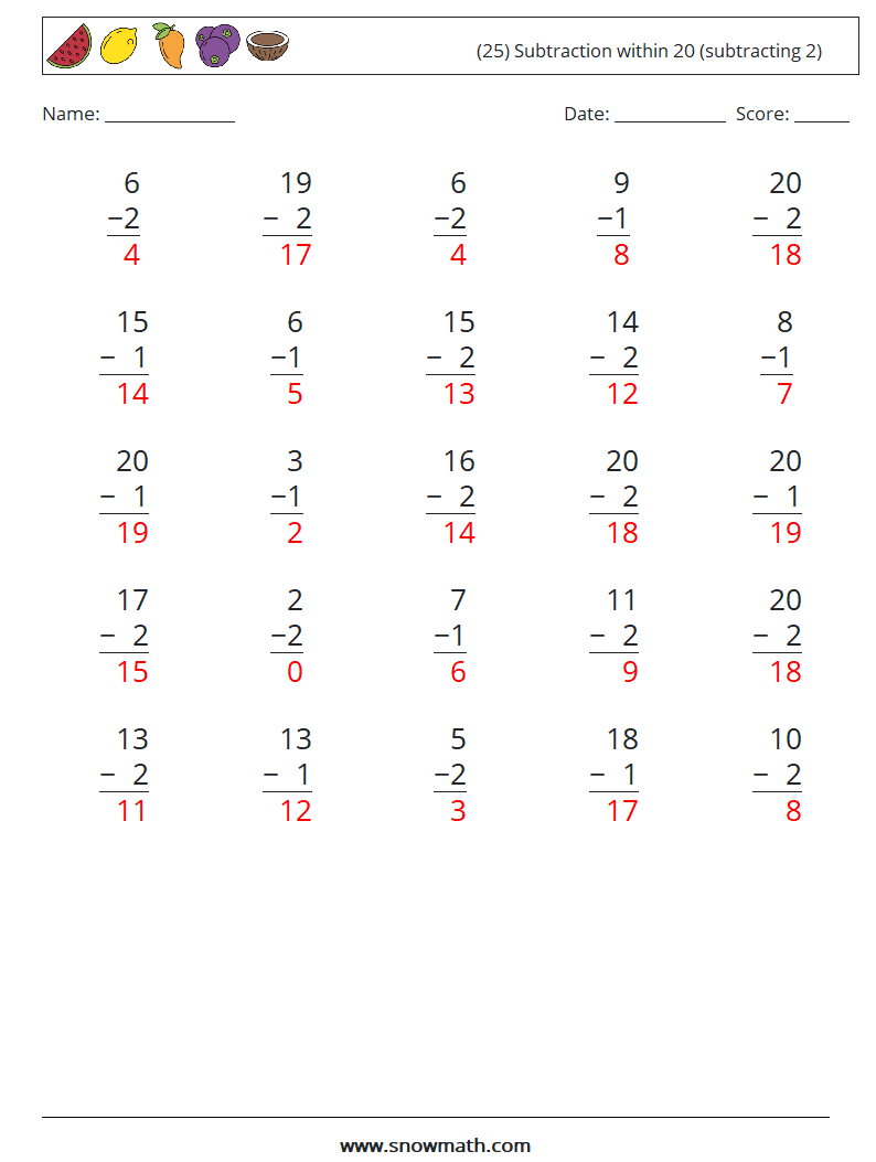 (25) Subtraction within 20 (subtracting 2) Math Worksheets 16 Question, Answer