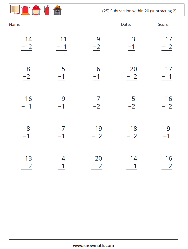 (25) Subtraction within 20 (subtracting 2) Maths Worksheets 17