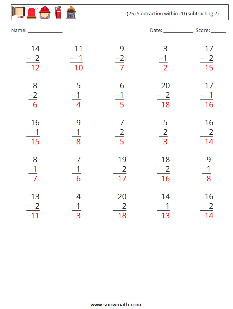 (25) Subtraction within 20 (subtracting 2) Math Worksheets 17 Question, Answer
