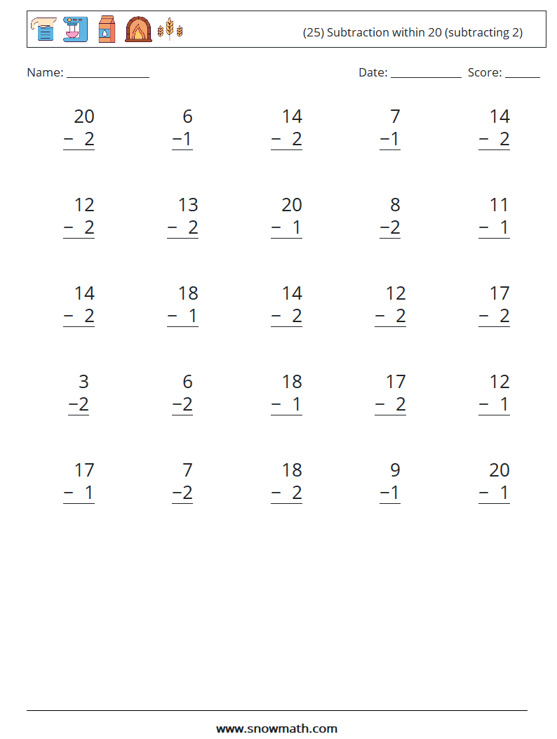 (25) Subtraction within 20 (subtracting 2) Math Worksheets 18