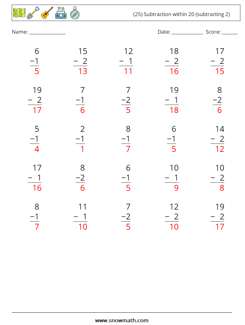 (25) Subtraction within 20 (subtracting 2) Math Worksheets 1 Question, Answer