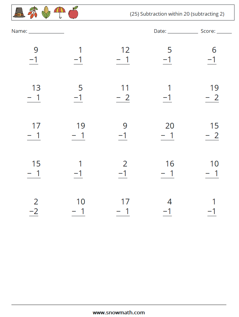 (25) Subtraction within 20 (subtracting 2) Maths Worksheets 2