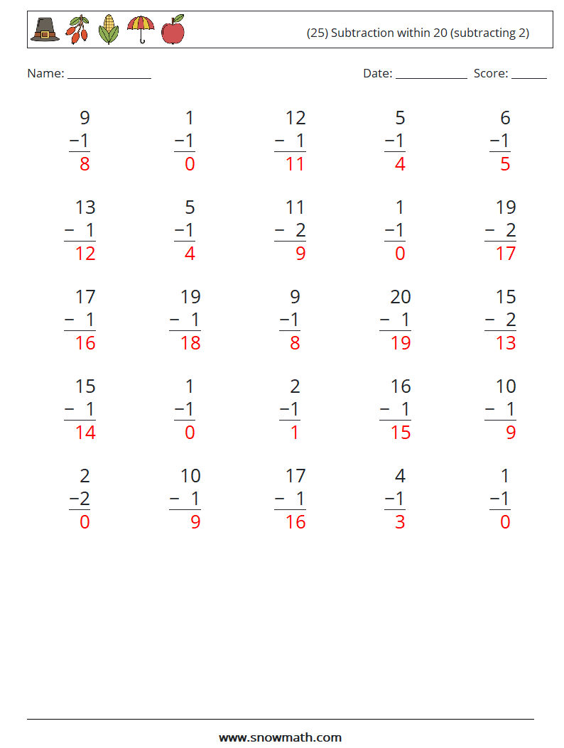 (25) Subtraction within 20 (subtracting 2) Math Worksheets 2 Question, Answer