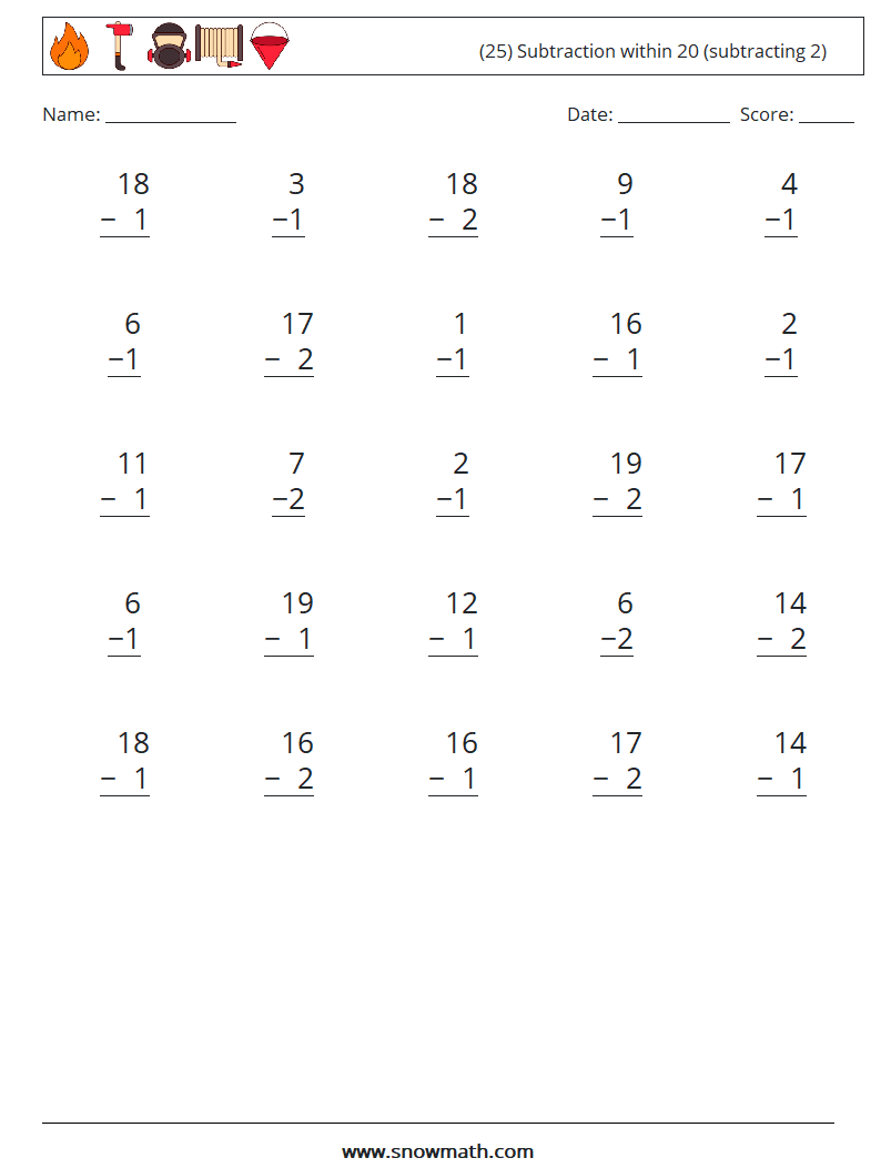 (25) Subtraction within 20 (subtracting 2) Math Worksheets 3