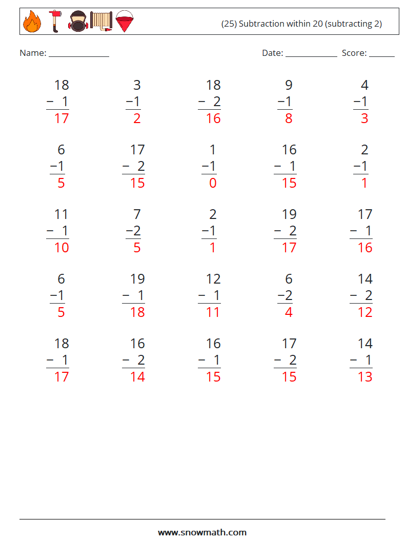 (25) Subtraction within 20 (subtracting 2) Math Worksheets 3 Question, Answer