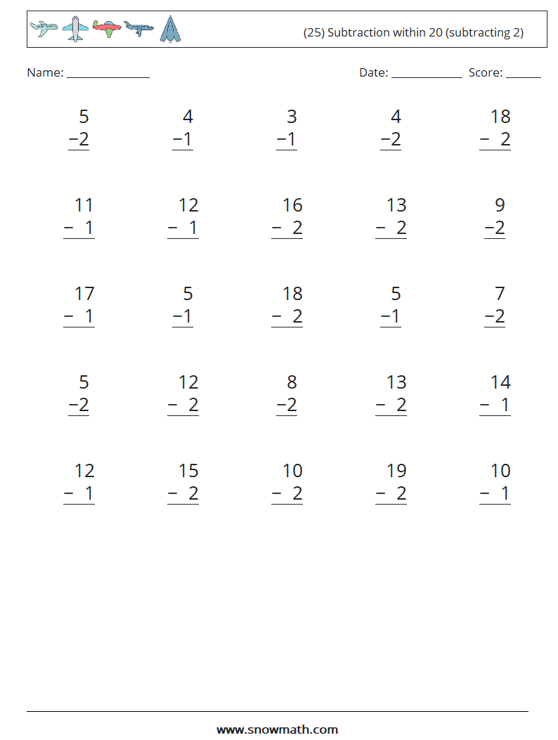 (25) Subtraction within 20 (subtracting 2) Math Worksheets 4
