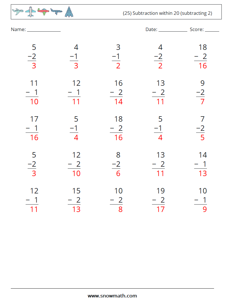 (25) Subtraction within 20 (subtracting 2) Math Worksheets 4 Question, Answer