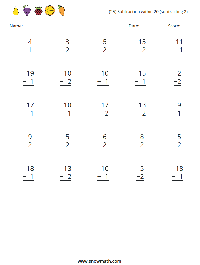 (25) Subtraction within 20 (subtracting 2) Math Worksheets 5
