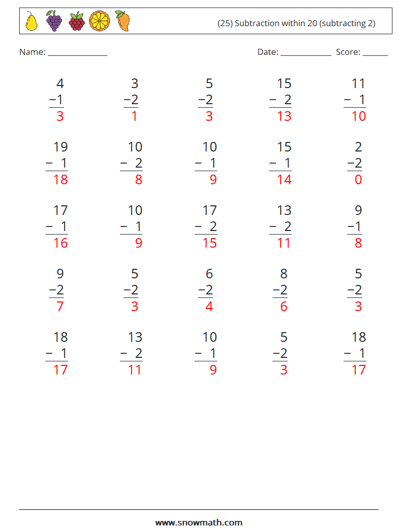 (25) Subtraction within 20 (subtracting 2) Math Worksheets 5 Question, Answer