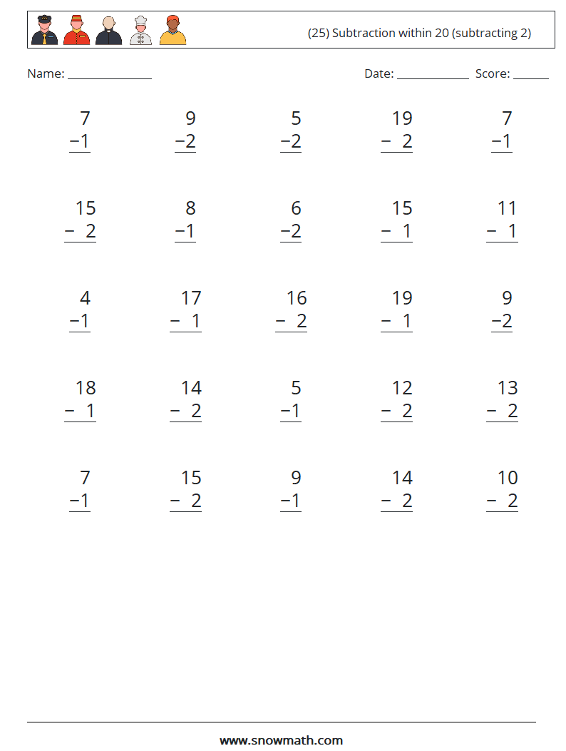 (25) Subtraction within 20 (subtracting 2) Maths Worksheets 6