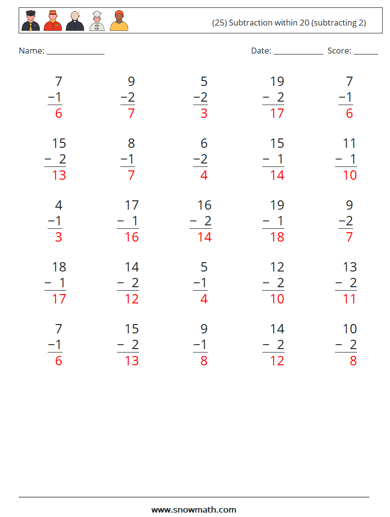 (25) Subtraction within 20 (subtracting 2) Math Worksheets 6 Question, Answer