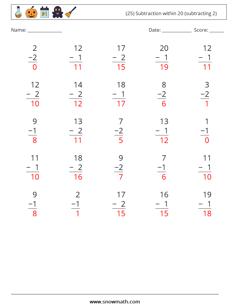 (25) Subtraction within 20 (subtracting 2) Math Worksheets 8 Question, Answer