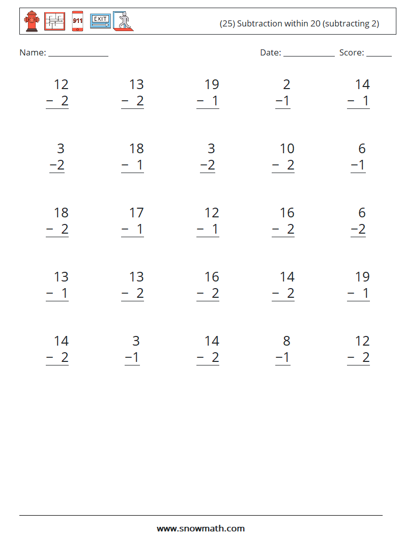 (25) Subtraction within 20 (subtracting 2) Math Worksheets 9