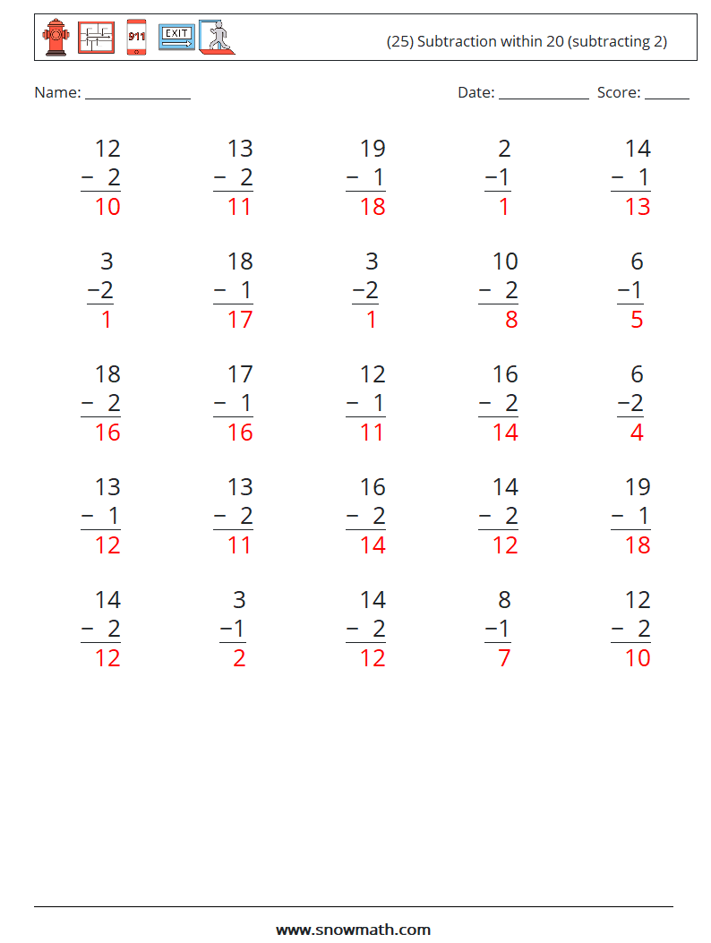 (25) Subtraction within 20 (subtracting 2) Math Worksheets 9 Question, Answer