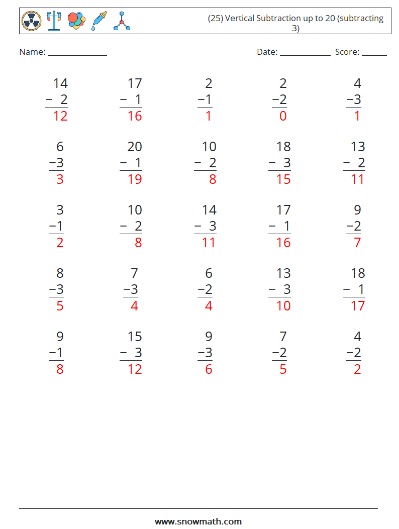 (25) Vertical Subtraction up to 20 (subtracting 3) Math Worksheets 10 Question, Answer