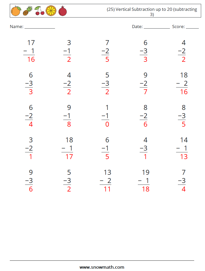 (25) Vertical Subtraction up to 20 (subtracting 3) Math Worksheets 12 Question, Answer