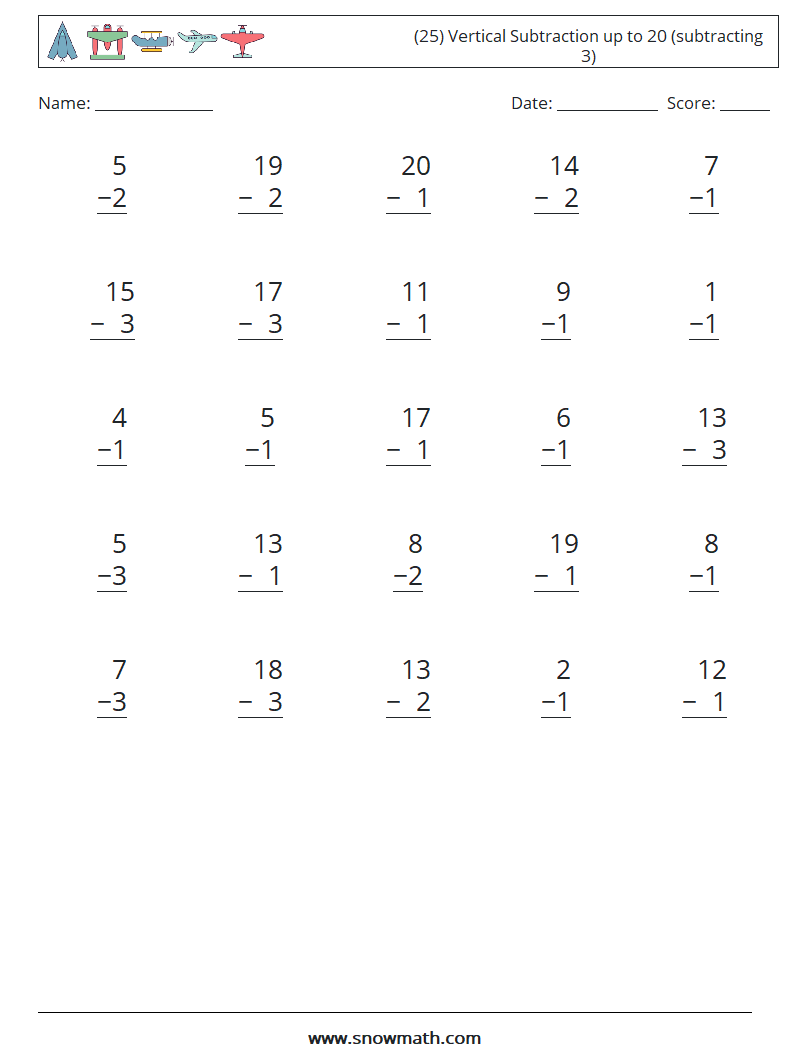 (25) Vertical Subtraction up to 20 (subtracting 3) Maths Worksheets 13