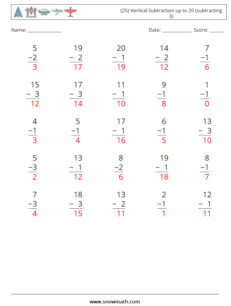 (25) Vertical Subtraction up to 20 (subtracting 3) Math Worksheets 13 Question, Answer