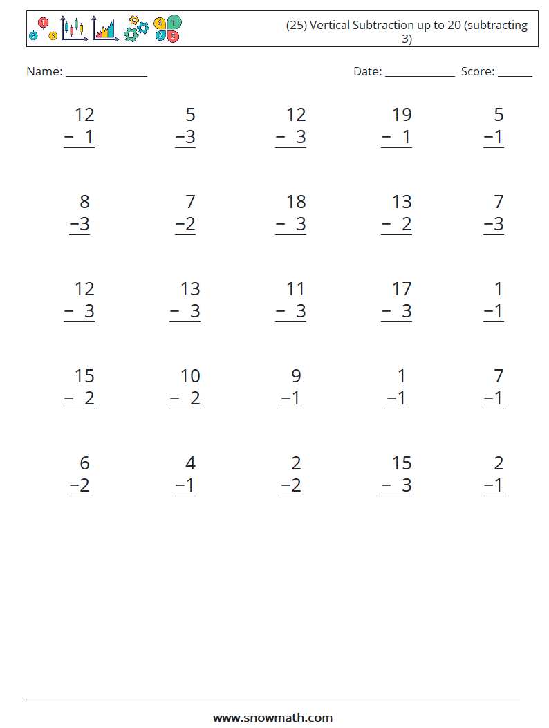 (25) Vertical Subtraction up to 20 (subtracting 3) Math Worksheets 15