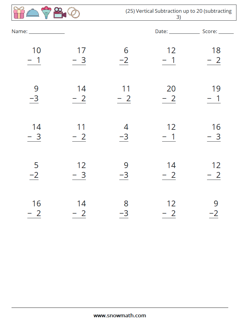 (25) Vertical Subtraction up to 20 (subtracting 3) Maths Worksheets 16