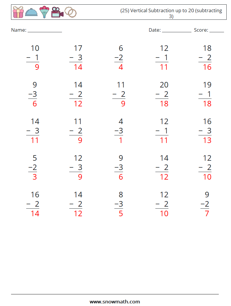 (25) Vertical Subtraction up to 20 (subtracting 3) Math Worksheets 16 Question, Answer