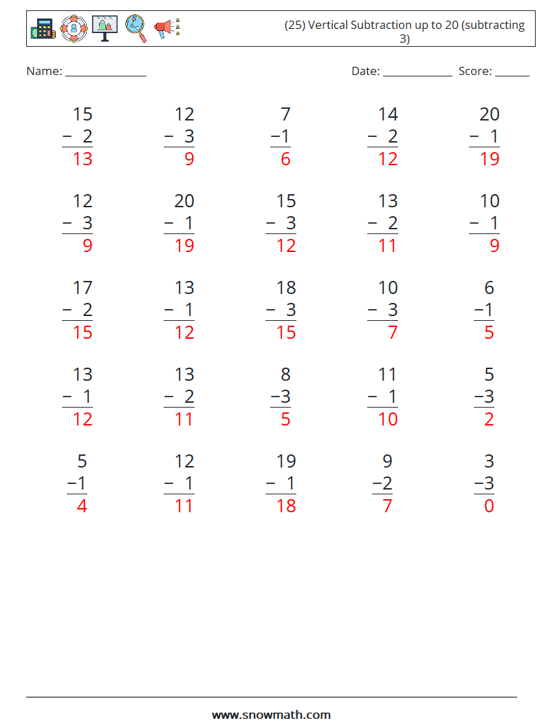 (25) Vertical Subtraction up to 20 (subtracting 3) Math Worksheets 18 Question, Answer