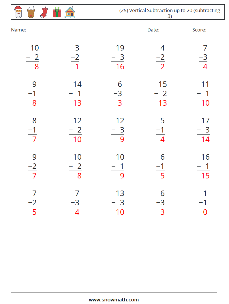 (25) Vertical Subtraction up to 20 (subtracting 3) Math Worksheets 1 Question, Answer