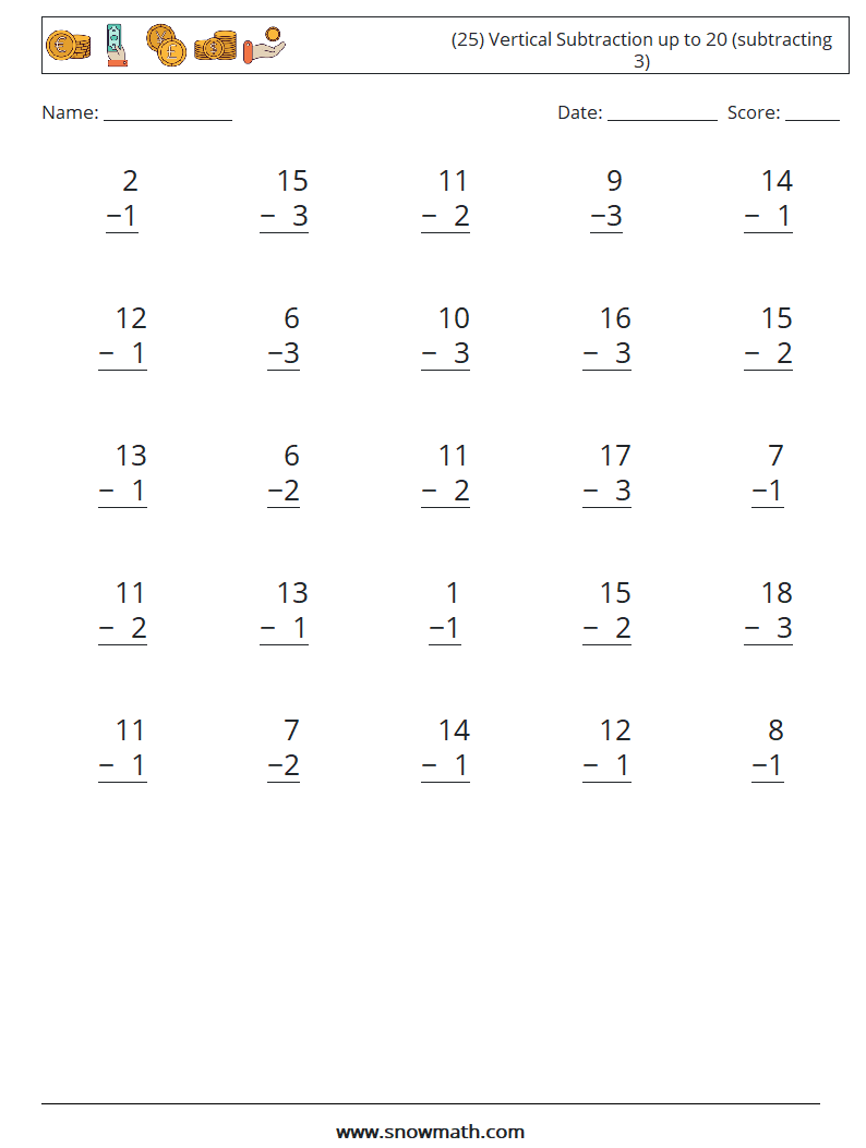 (25) Vertical Subtraction up to 20 (subtracting 3) Maths Worksheets 2