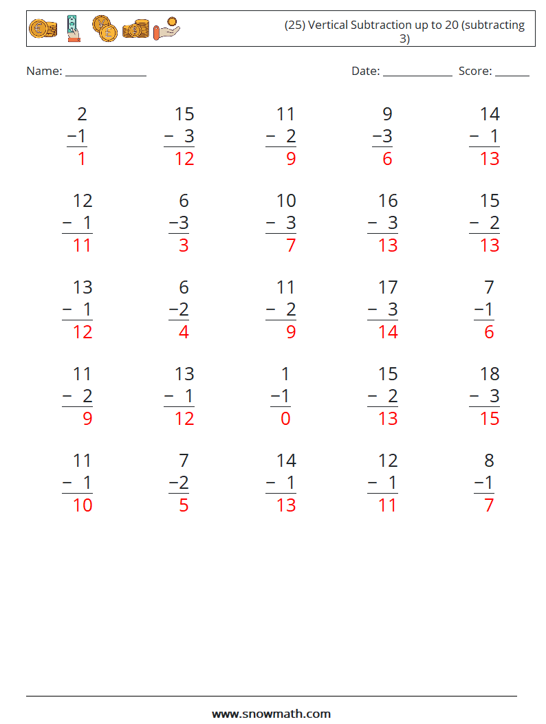 (25) Vertical Subtraction up to 20 (subtracting 3) Math Worksheets 2 Question, Answer