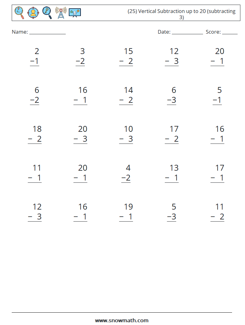 (25) Vertical Subtraction up to 20 (subtracting 3) Maths Worksheets 3