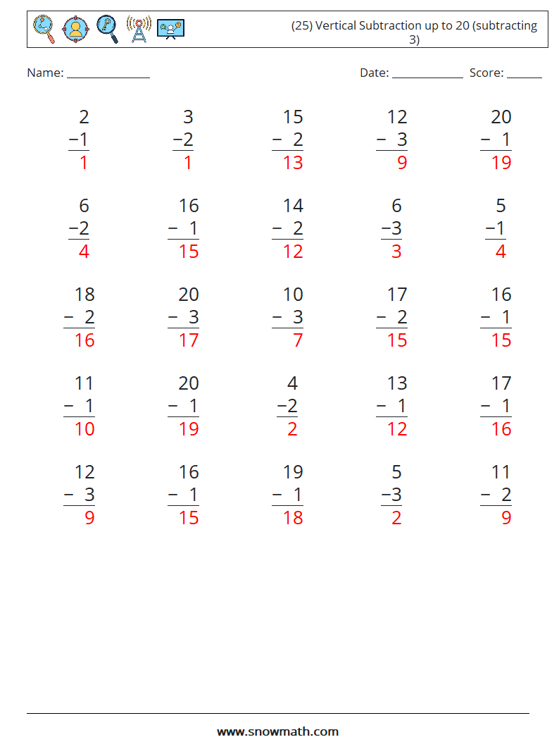 (25) Vertical Subtraction up to 20 (subtracting 3) Math Worksheets 3 Question, Answer