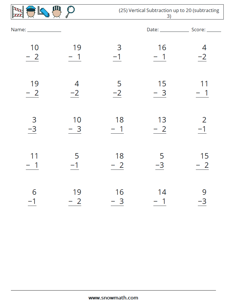 (25) Vertical Subtraction up to 20 (subtracting 3) Maths Worksheets 4