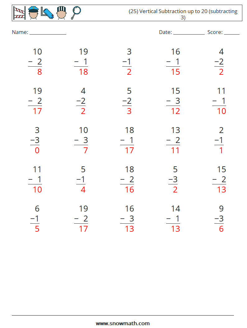 (25) Vertical Subtraction up to 20 (subtracting 3) Math Worksheets 4 Question, Answer