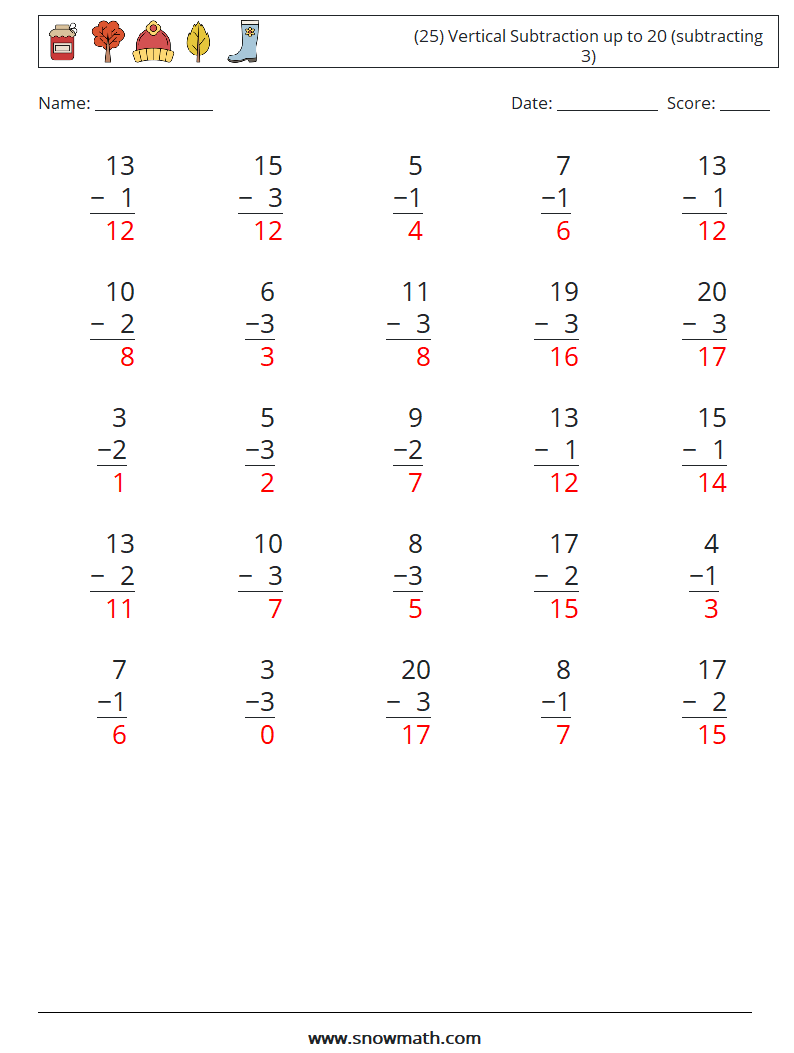 (25) Vertical Subtraction up to 20 (subtracting 3) Math Worksheets 5 Question, Answer