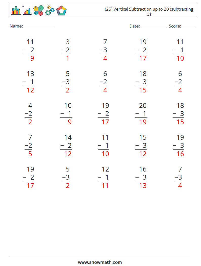 (25) Vertical Subtraction up to 20 (subtracting 3) Math Worksheets 6 Question, Answer