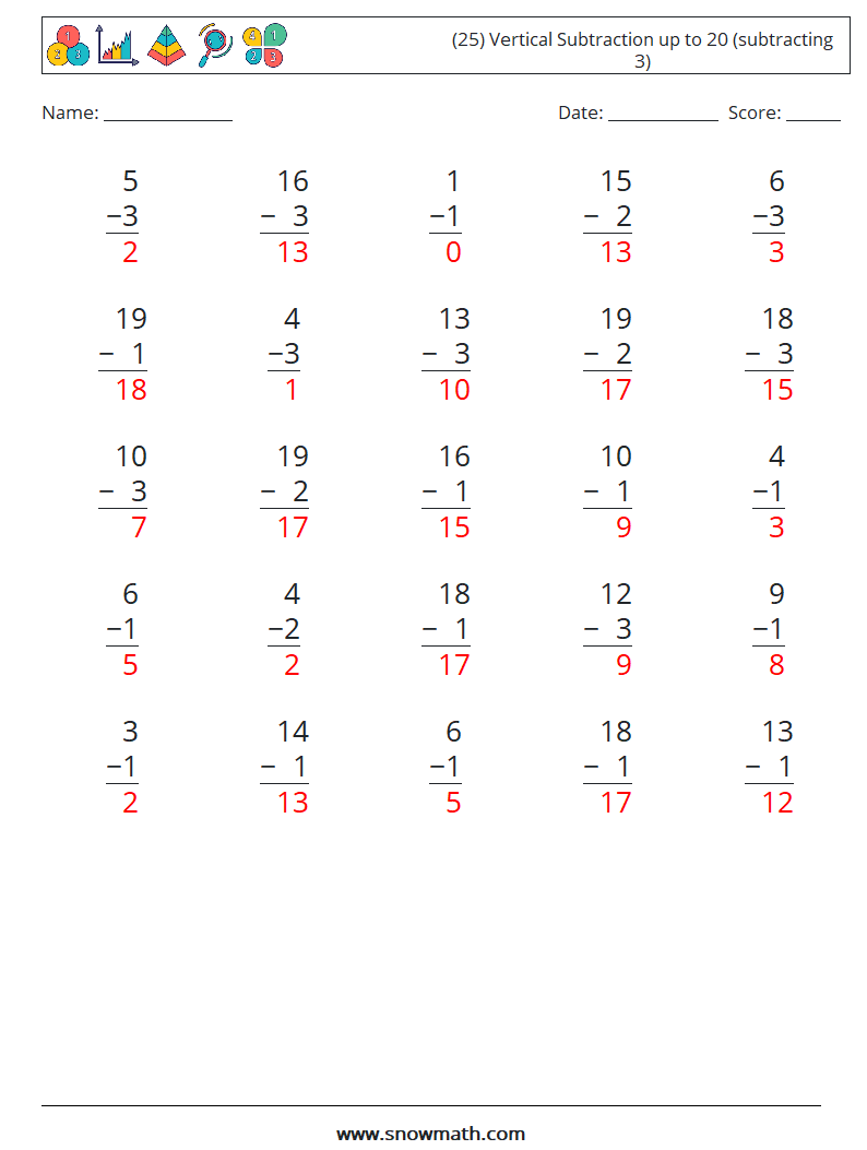 (25) Vertical Subtraction up to 20 (subtracting 3) Math Worksheets 7 Question, Answer