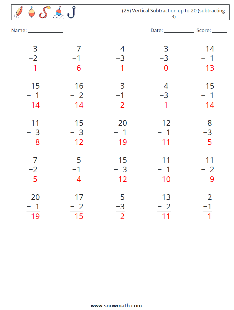 (25) Vertical Subtraction up to 20 (subtracting 3) Math Worksheets 8 Question, Answer