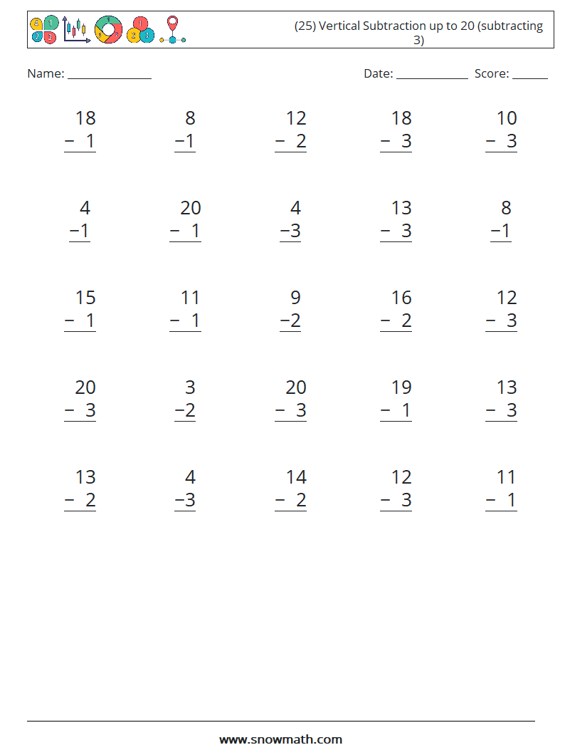 (25) Vertical Subtraction up to 20 (subtracting 3) Maths Worksheets 9